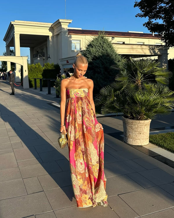 Women's Wedding Guest Dress – Strapless Floral Maxi Dress