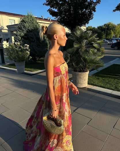 Women's Wedding Guest Dress – Strapless Floral Maxi Dress