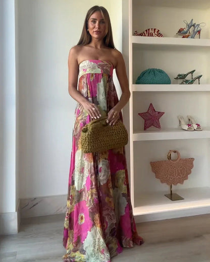 Women's Wedding Guest Dress – Strapless Floral Maxi Dress