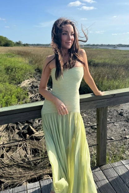 Women's Wedding Guest Dress – Strapless Pleated Maxi Dress