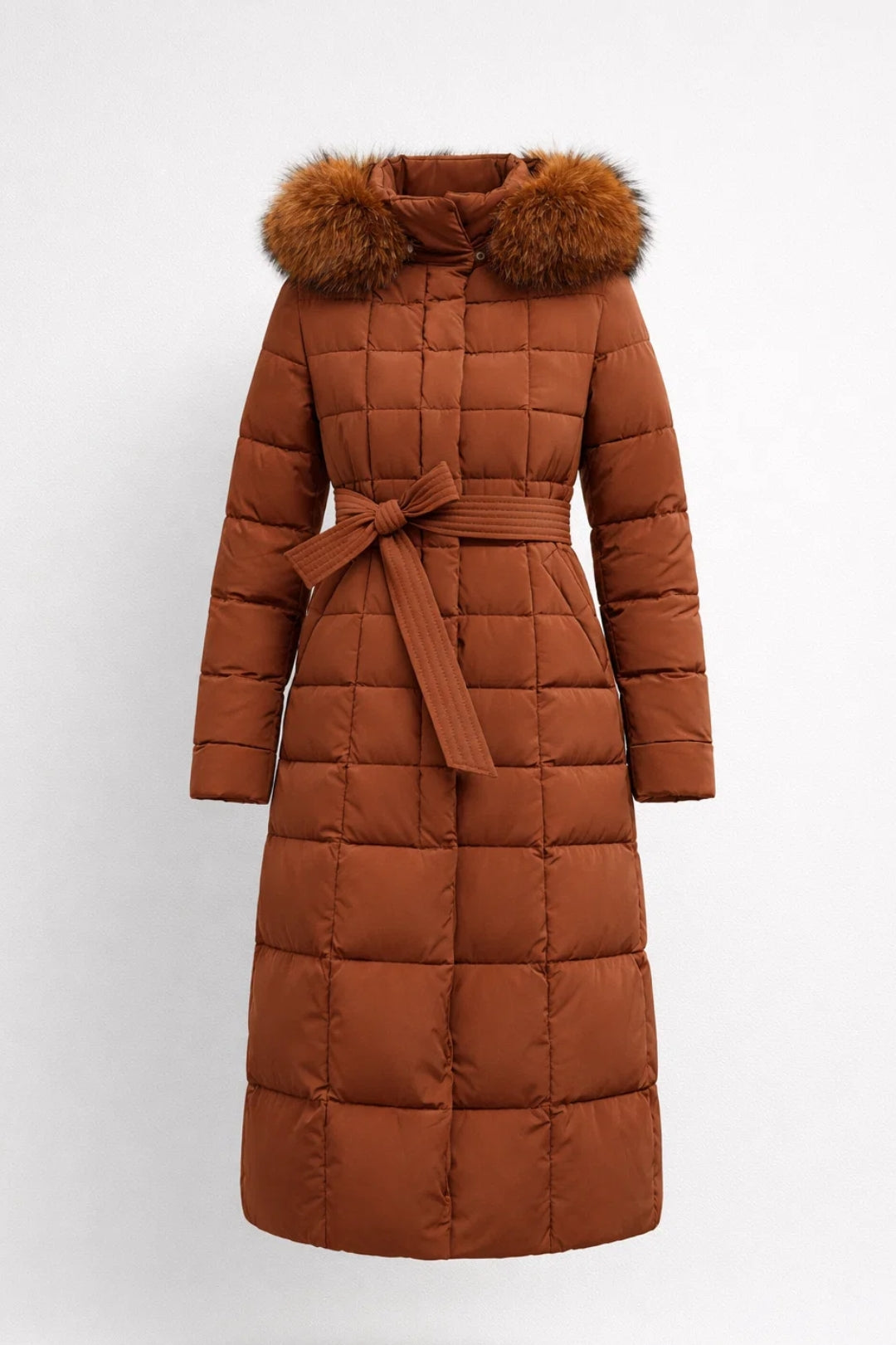 Women's Winter Coat – Long Quilted Belted Hooded Design