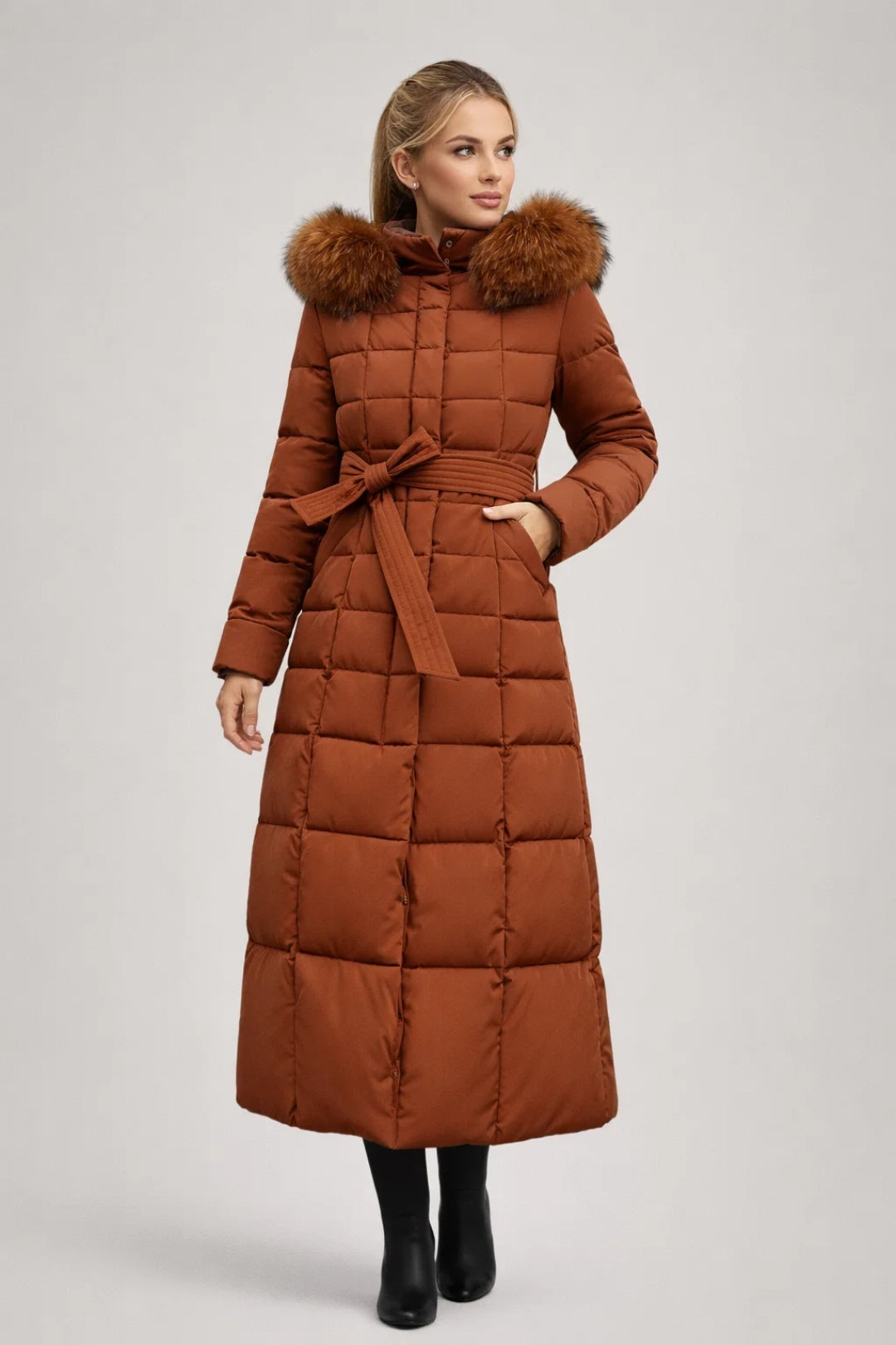 Women's Winter Coat – Long Quilted Belted Hooded Design