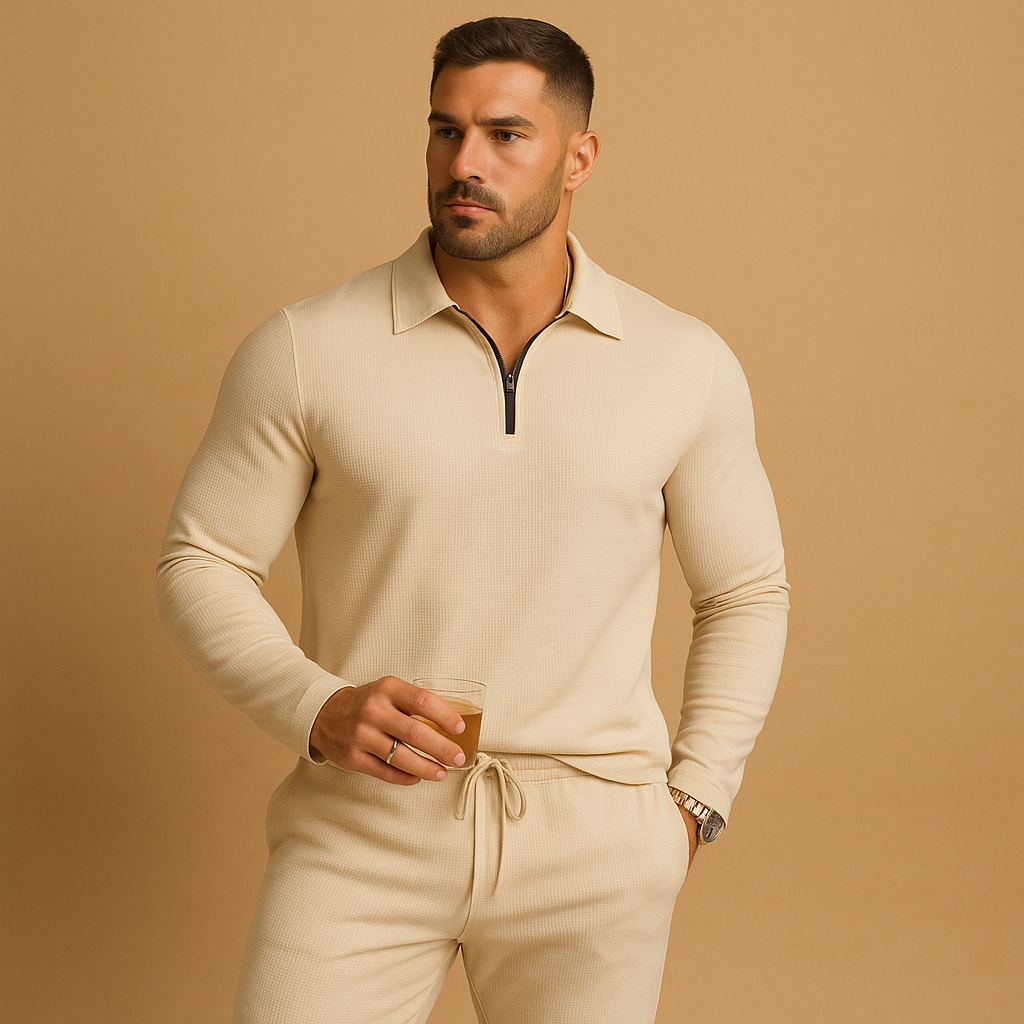 Zipped polo top and tapered jogger set for men | Adrian